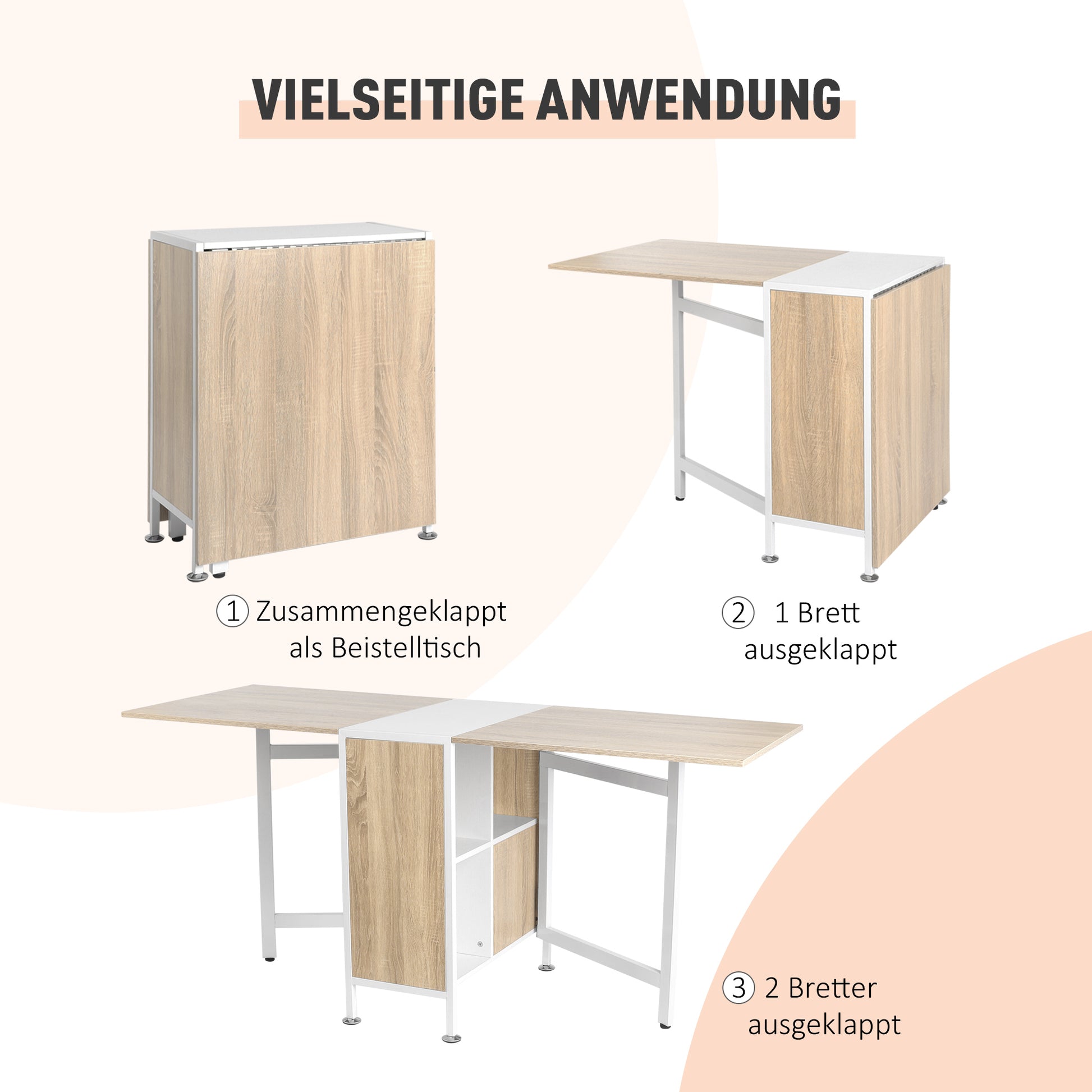 Folding Table Dining Table Side Tables Shelf for Living Room Kitchen Oak Wood Metal Frame Natural+White 169 x 60 x 75 cm