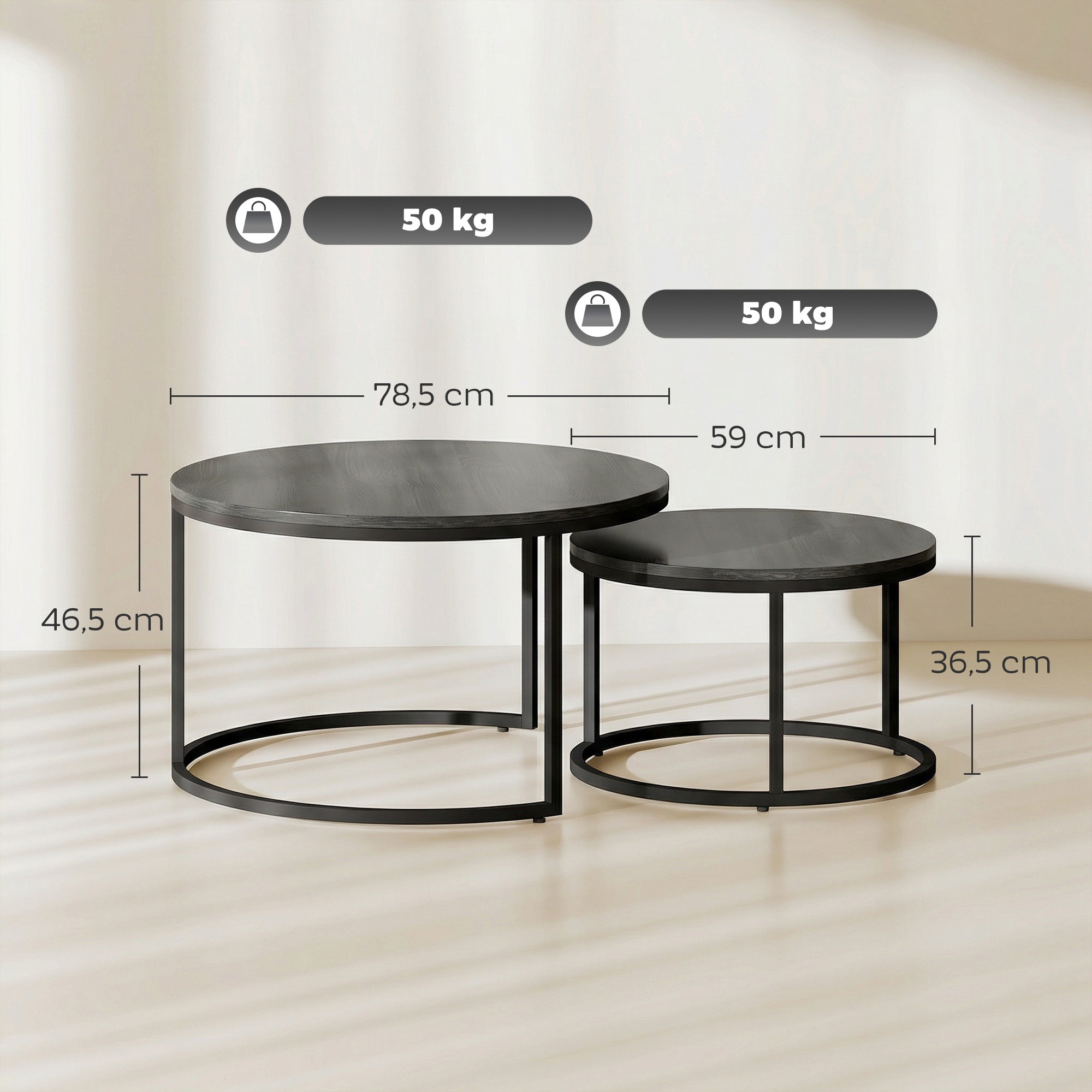2-Piece Round Nesting Coffee Table Set with Metal Frame, Wood-Effect Tops, Black — 31.0 x 31.0 x 18.3 in