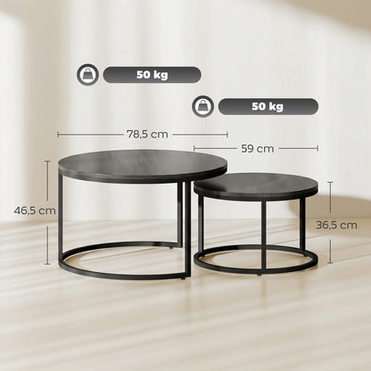 2-Piece Round Nesting Coffee Table Set with Metal Frame, Wood-Effect Tops, Black — 31.0 x 31.0 x 18.3 in