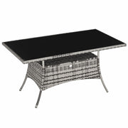 Garden Table Glass Dining Table Patio Furniture Table, Polyrattan+Safety Glass, Gray+Black, 150x85x74cm
