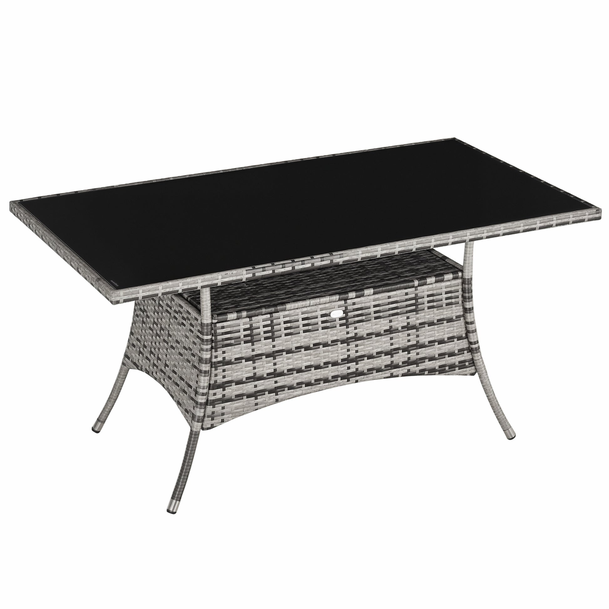 Garden Table Glass Dining Table Patio Furniture Table, Polyrattan+Safety Glass, Gray+Black, 150x85x74cm