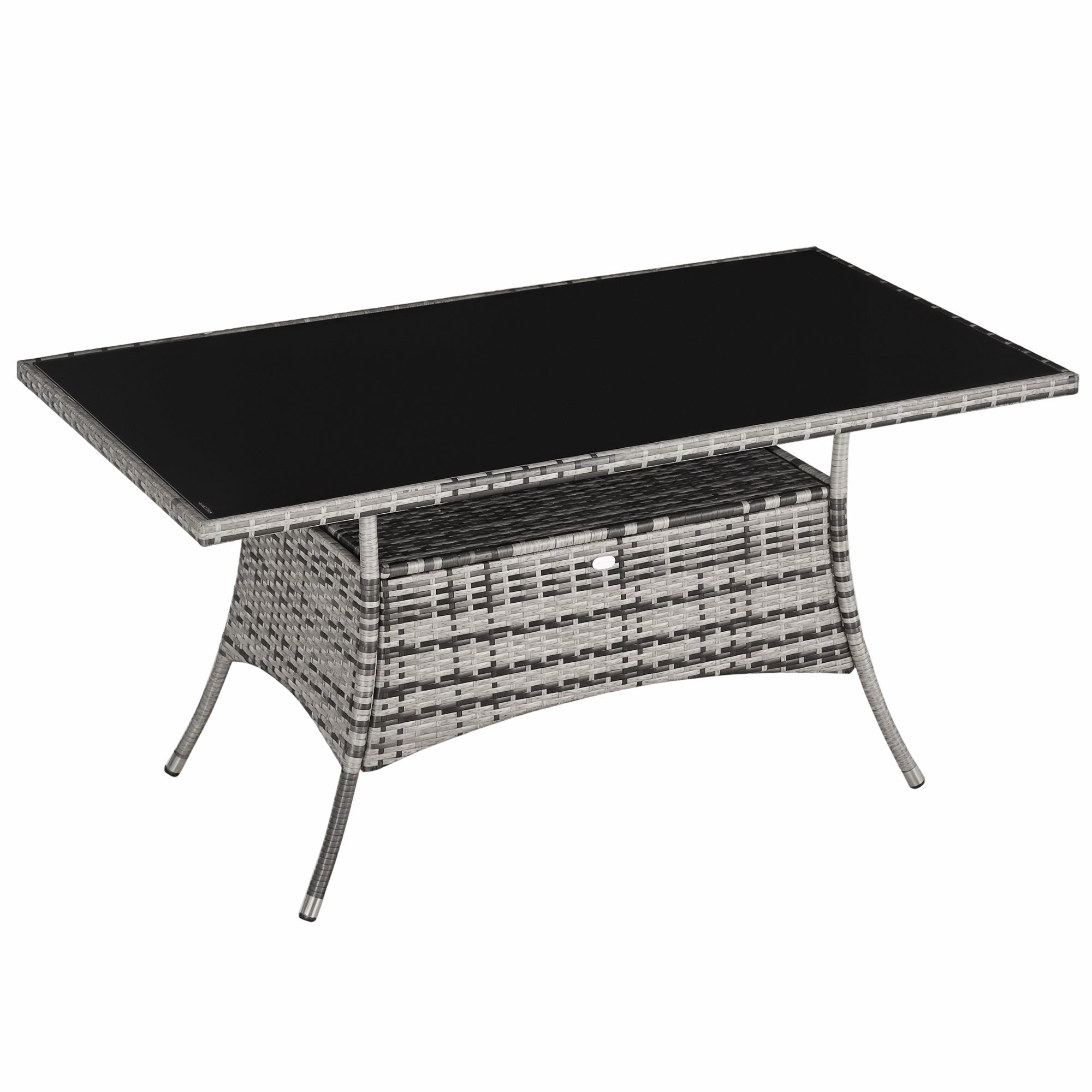 Garden Table Glass Dining Table Patio Furniture Table, Polyrattan+Safety Glass, Gray+Black, 150x85x74cm