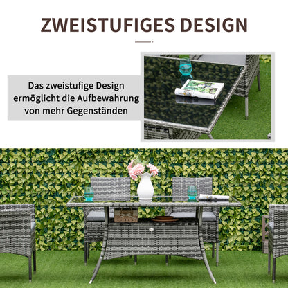 Garden Table Glass Dining Table Patio Furniture Table, Polyrattan+Safety Glass, Gray+Black, 150x85x74cm