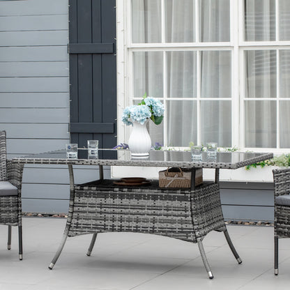 Garden Table Glass Dining Table Patio Furniture Table, Polyrattan+Safety Glass, Gray+Black, 150x85x74cm