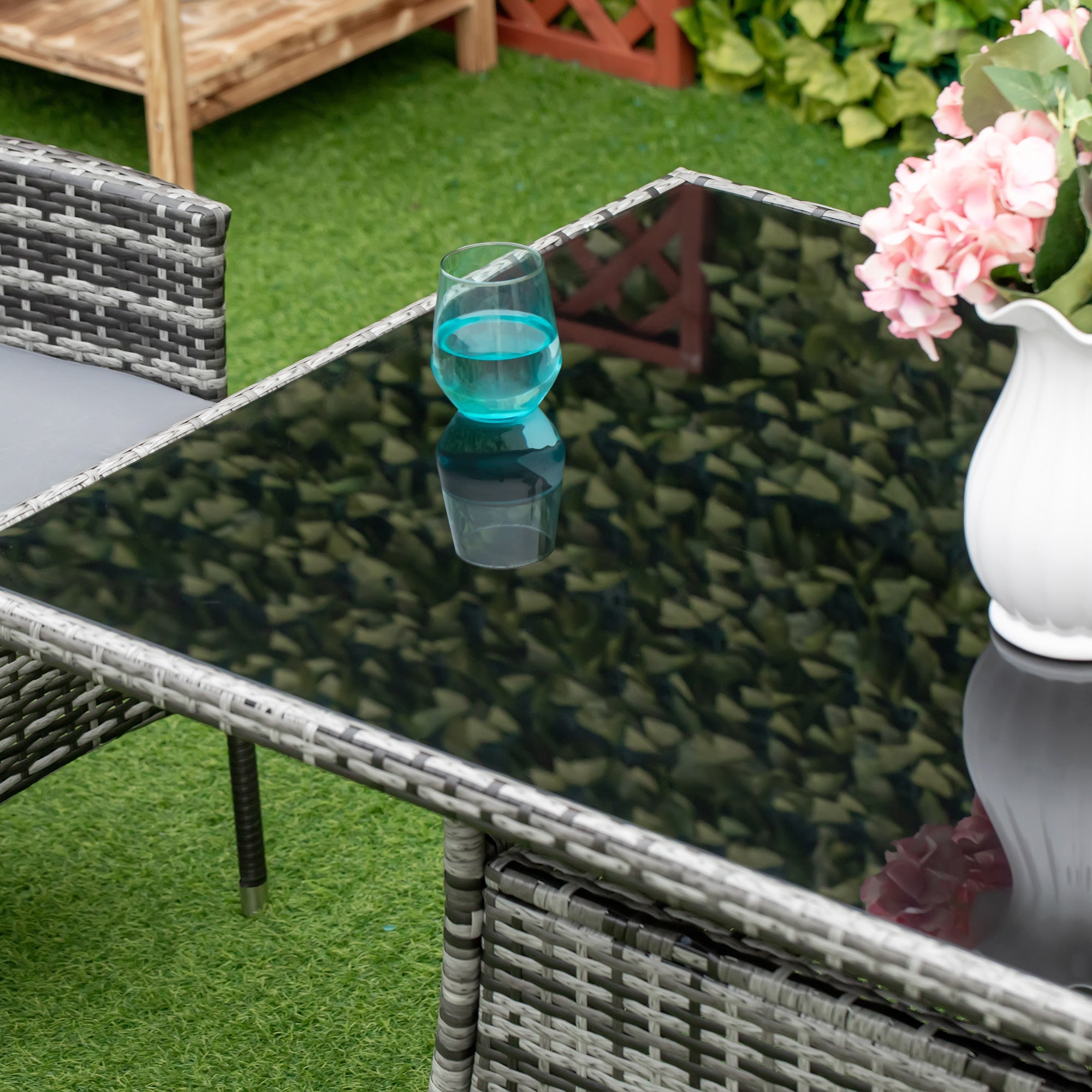 Garden Table Glass Dining Table Patio Furniture Table, Polyrattan+Safety Glass, Gray+Black, 150x85x74cm