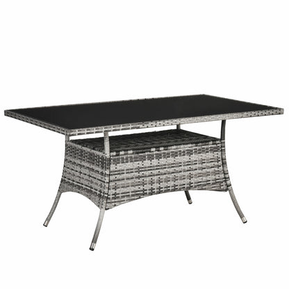 Garden Table Glass Dining Table Patio Furniture Table, Polyrattan+Safety Glass, Gray+Black, 150x85x74cm