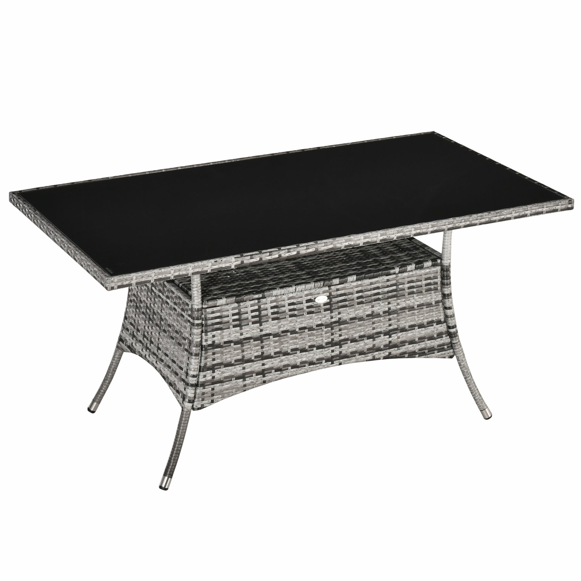 Garden Table Glass Dining Table Patio Furniture Table, Polyrattan+Safety Glass, Gray+Black, 150x85x74cm