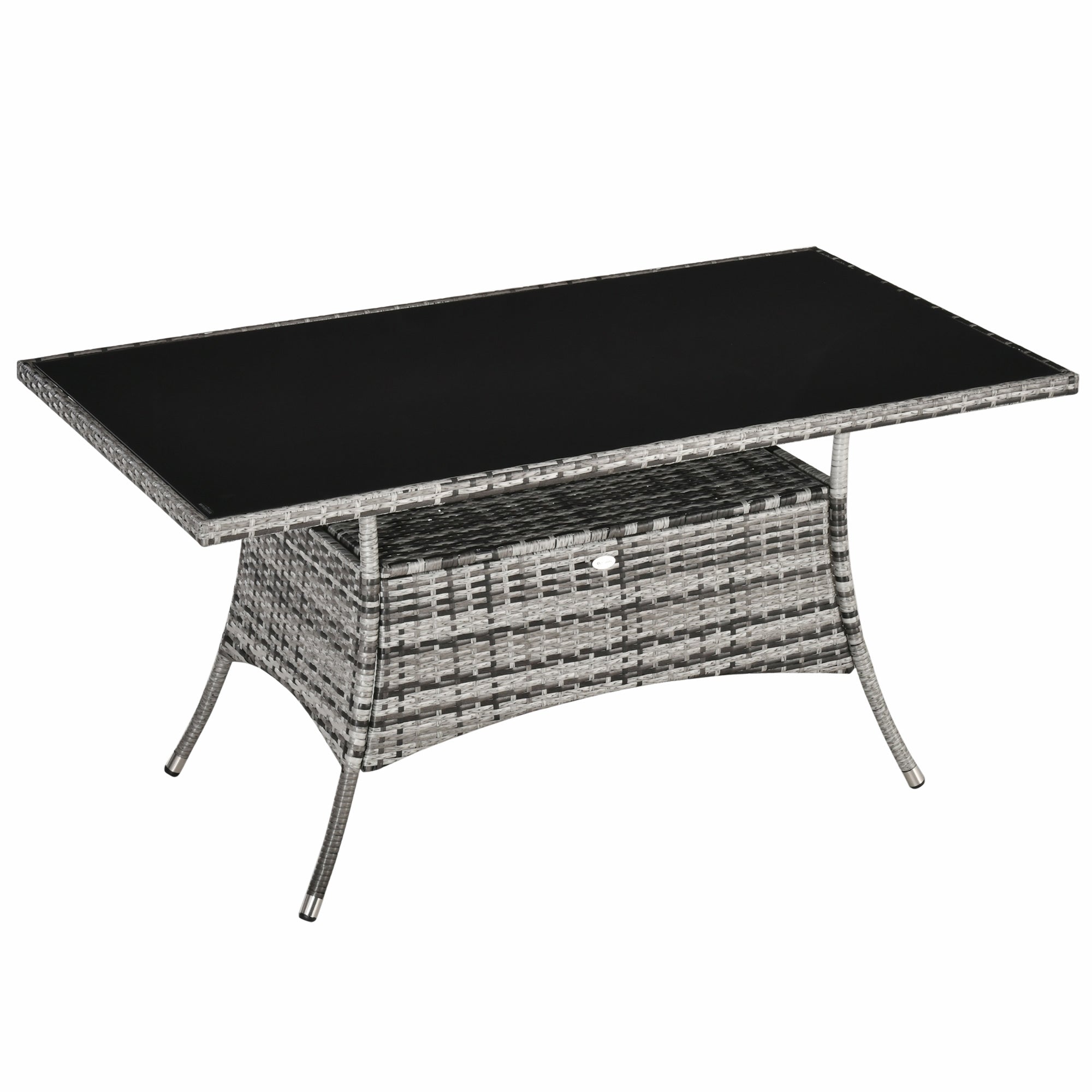 Garden Table Glass Dining Table Patio Furniture Table, Polyrattan+Safety Glass, Gray+Black, 150x85x74cm