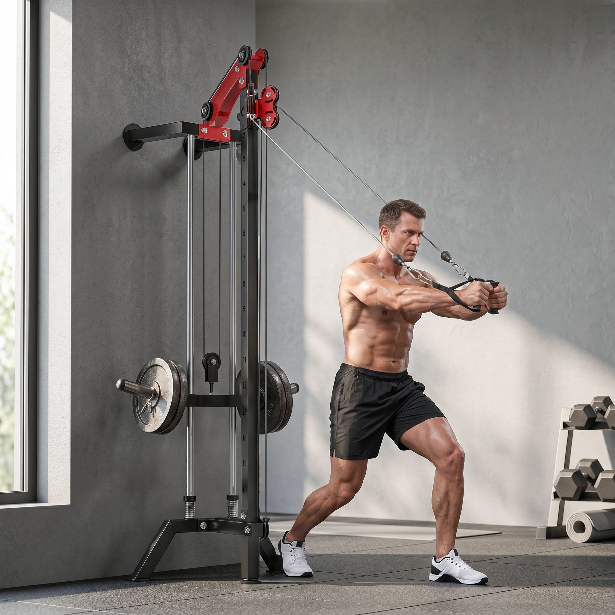 SPORTNOW Wall-Mounted Lat Machine with 16 Adjustable Pulley Positions, Cable Station with Pulldown Bar and Adjustable Weight Posts, Heavy-Duty Steel for Home & Gym