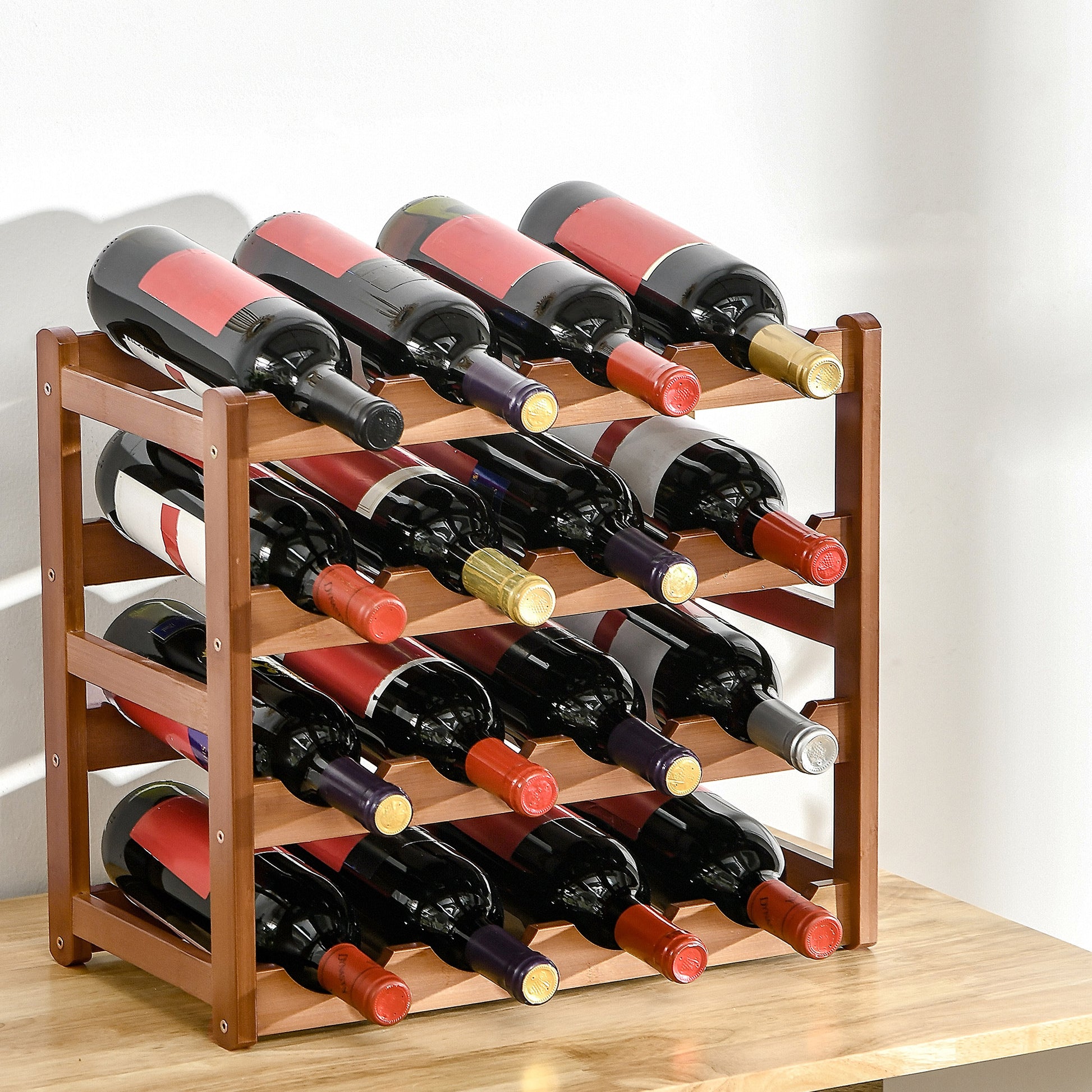 Bamboo Wine Rack for 16 Bottles 4-Tier Wine Shelf Tabletop Wine Bottle Holder for Kitchen Dining Room Bar Load 75 kg 43x23.5x38 cm Brown