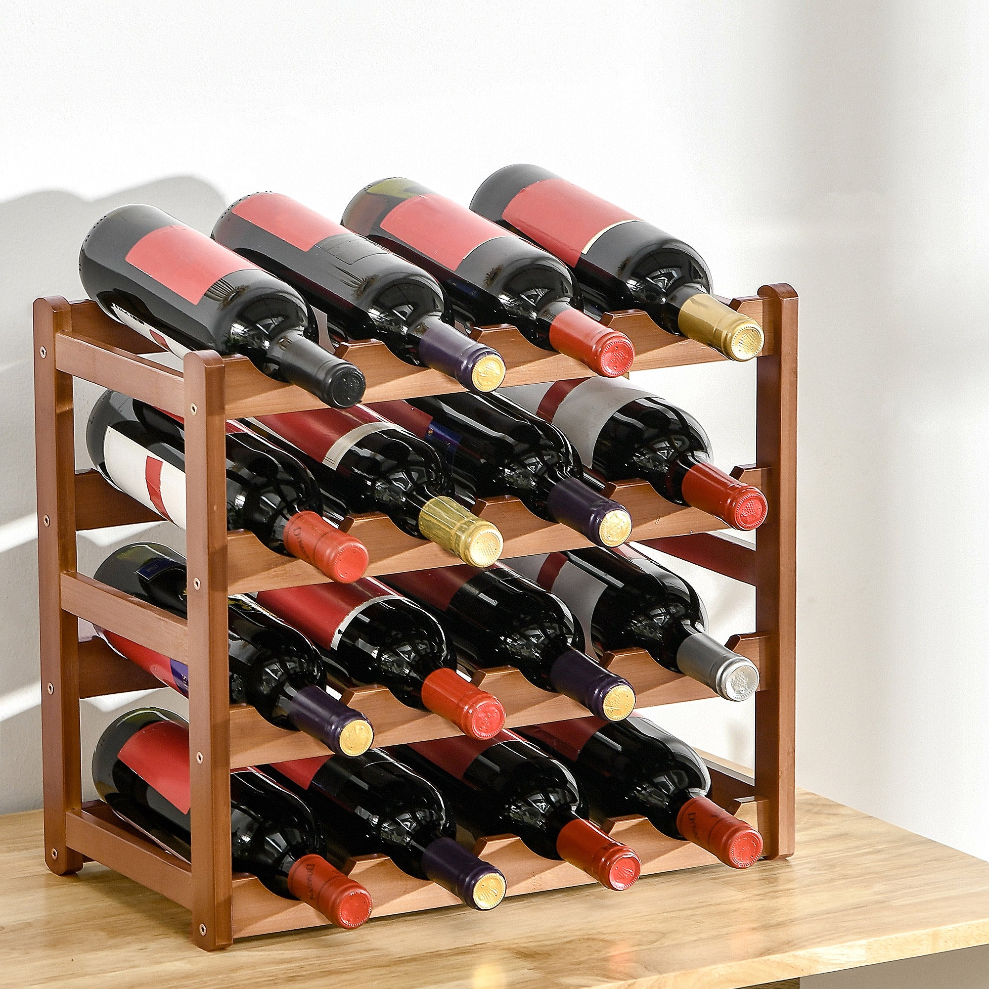 Bamboo Wine Rack for 16 Bottles 4-Tier Wine Shelf Tabletop Wine Bottle Holder for Kitchen Dining Room Bar Load 75 kg 43x23.5x38 cm Brown