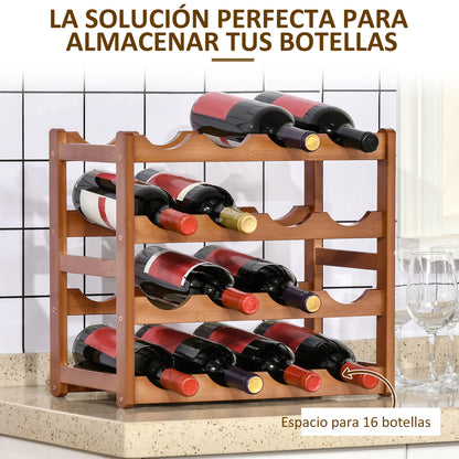 Bamboo Wine Rack for 16 Bottles 4-Tier Wine Shelf Tabletop Wine Bottle Holder for Kitchen Dining Room Bar Load 75 kg 43x23.5x38 cm Brown