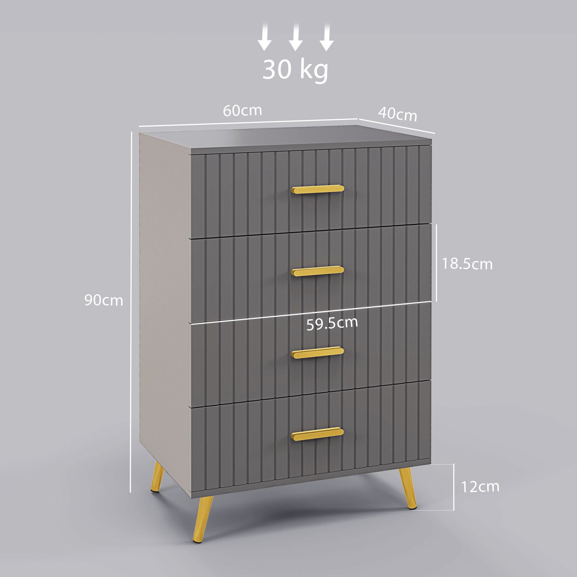 Modern and Anti-Tip 4-Drawer Chest of Drawers, Wood and Aluminum Chest of Drawers, 60x40x90 cm, Gold and Dark Gray