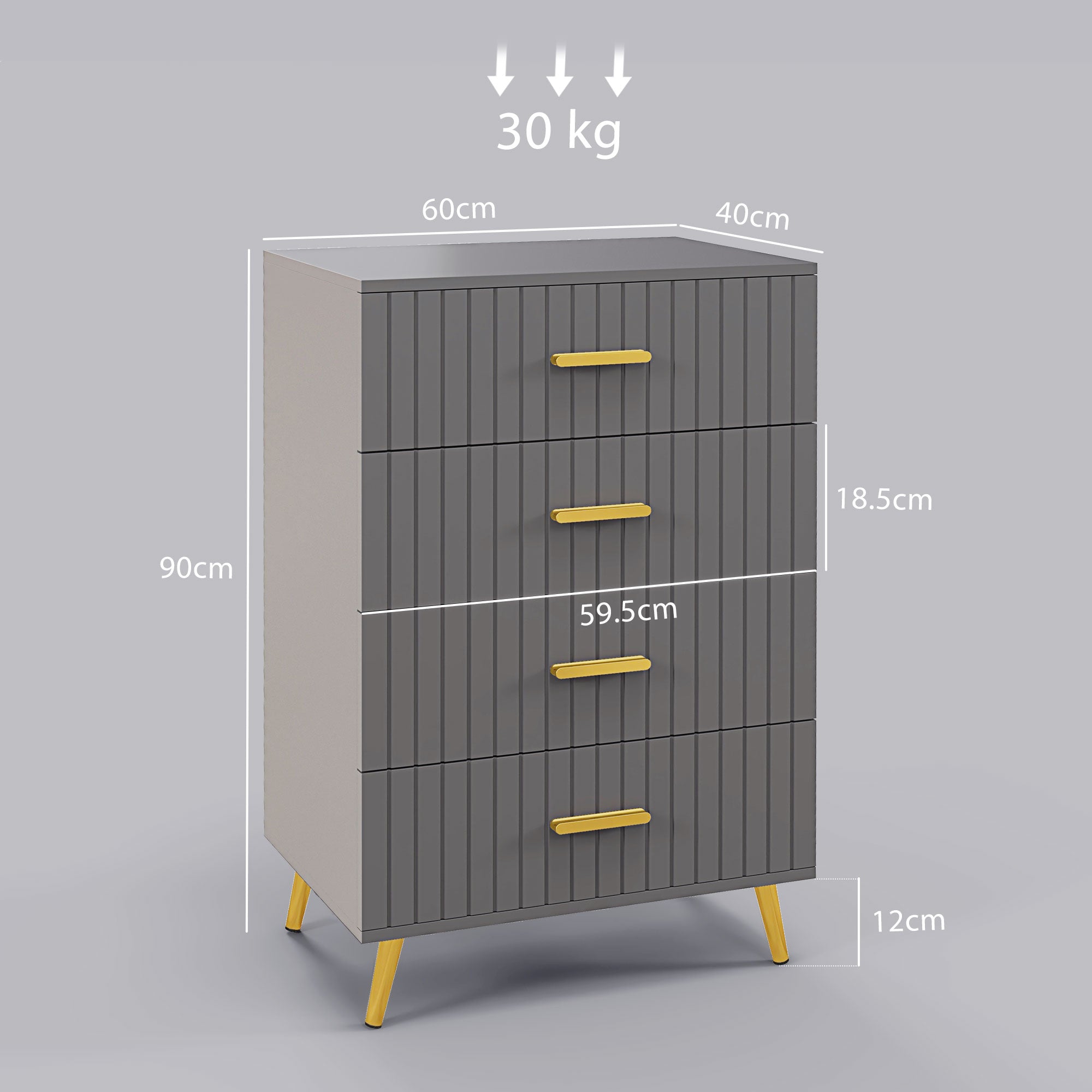 Modern and Anti-Tip 4-Drawer Chest of Drawers, Wood and Aluminum Chest of Drawers, 60x40x90 cm, Gold and Dark Gray
