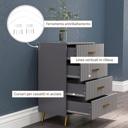 Modern and Anti-Tip 4-Drawer Chest of Drawers, Wood and Aluminum Chest of Drawers, 60x40x90 cm, Gold and Dark Gray