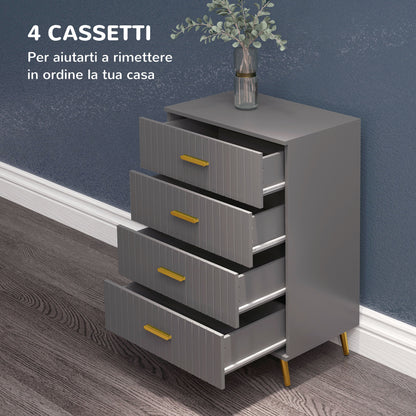 Modern and Anti-Tip 4-Drawer Chest of Drawers, Wood and Aluminum Chest of Drawers, 60x40x90 cm, Gold and Dark Gray