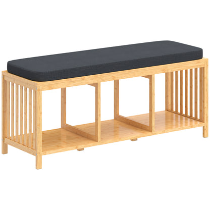 Bamboo Shoe Bench with Padded Seat and Open Shelf for Hallway & Entryway, 40.2 x 13.0 x 17.7 in, Natural Wood