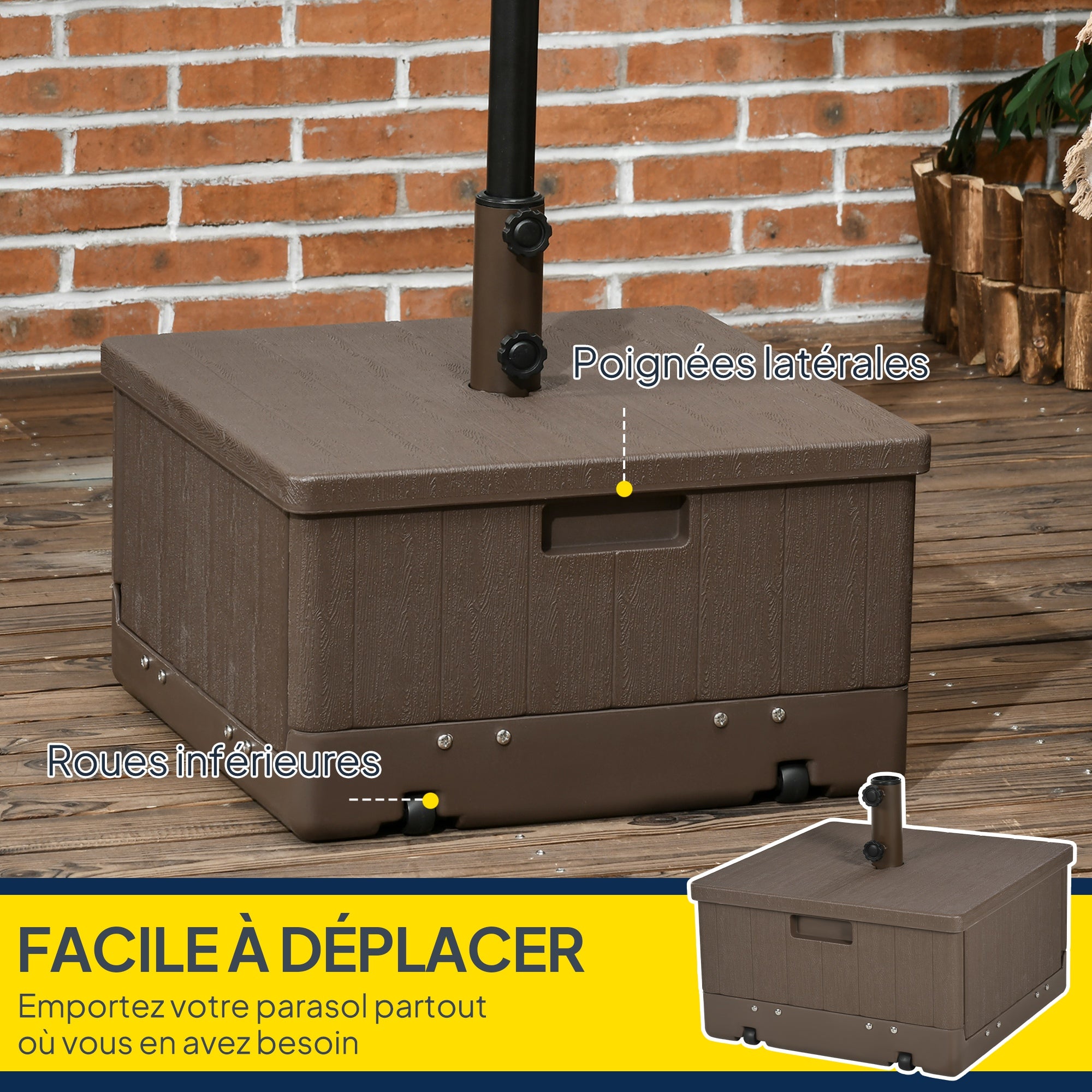 Parasol Base Weights Side Table Planter with Drainage Wheels and Handles PE and Metal Dim. 53L x 53W x 47H cm Brown