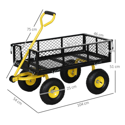 Tipping Garden Cart 200 kg Load Beach Cart with Removable Side Panels 180° Swivel Handle and 4 Large Rubber Pneumatic Wheels Black and Yellow