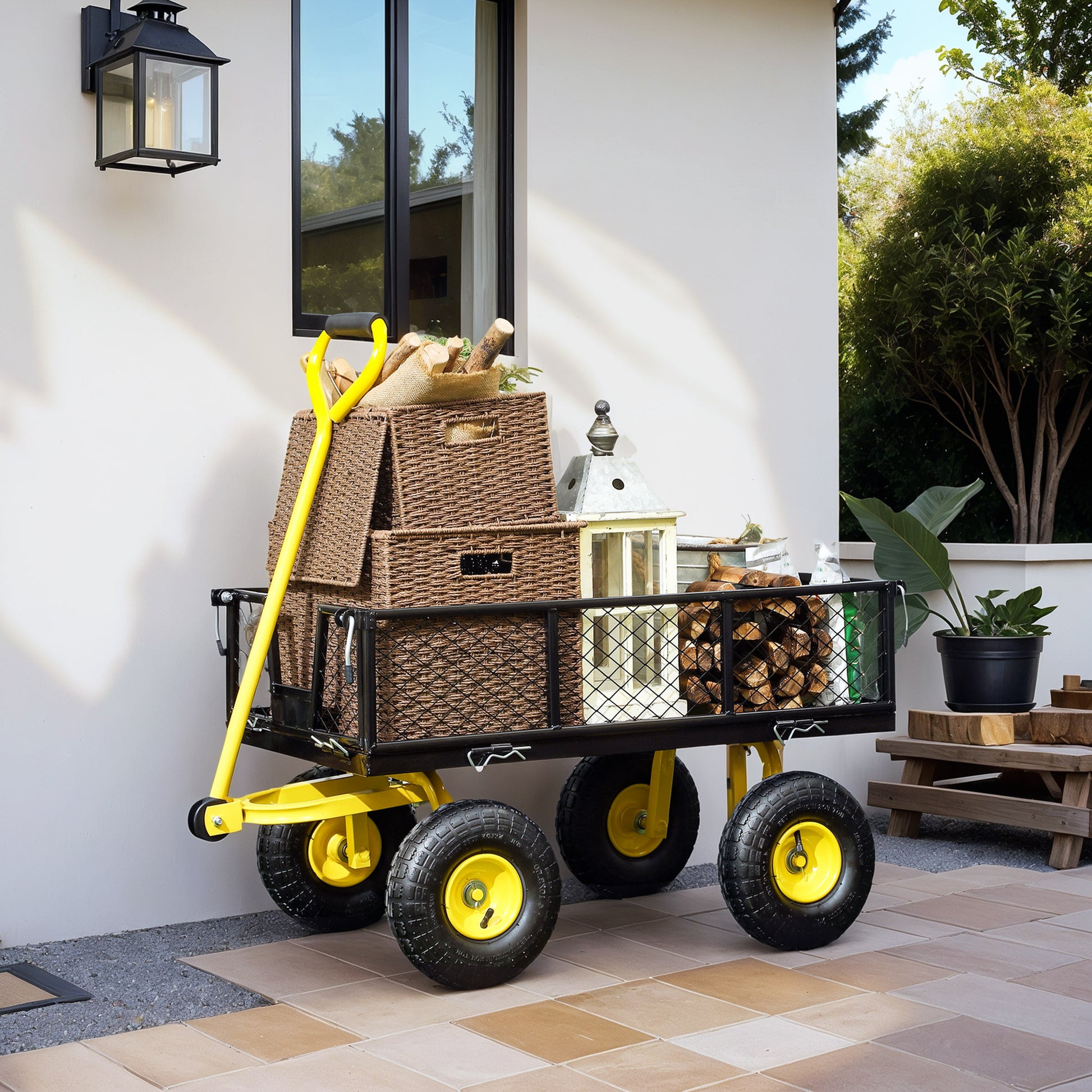 Tipping Garden Cart 200 kg Load Beach Cart with Removable Side Panels 180° Swivel Handle and 4 Large Rubber Pneumatic Wheels Black and Yellow