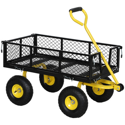 Tipping Garden Cart 200 kg Load Beach Cart with Removable Side Panels 180° Swivel Handle and 4 Large Rubber Pneumatic Wheels Black and Yellow