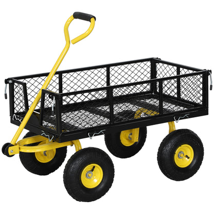 Tipping Garden Cart 200 kg Load Beach Cart with Removable Side Panels 180° Swivel Handle and 4 Large Rubber Pneumatic Wheels Black and Yellow