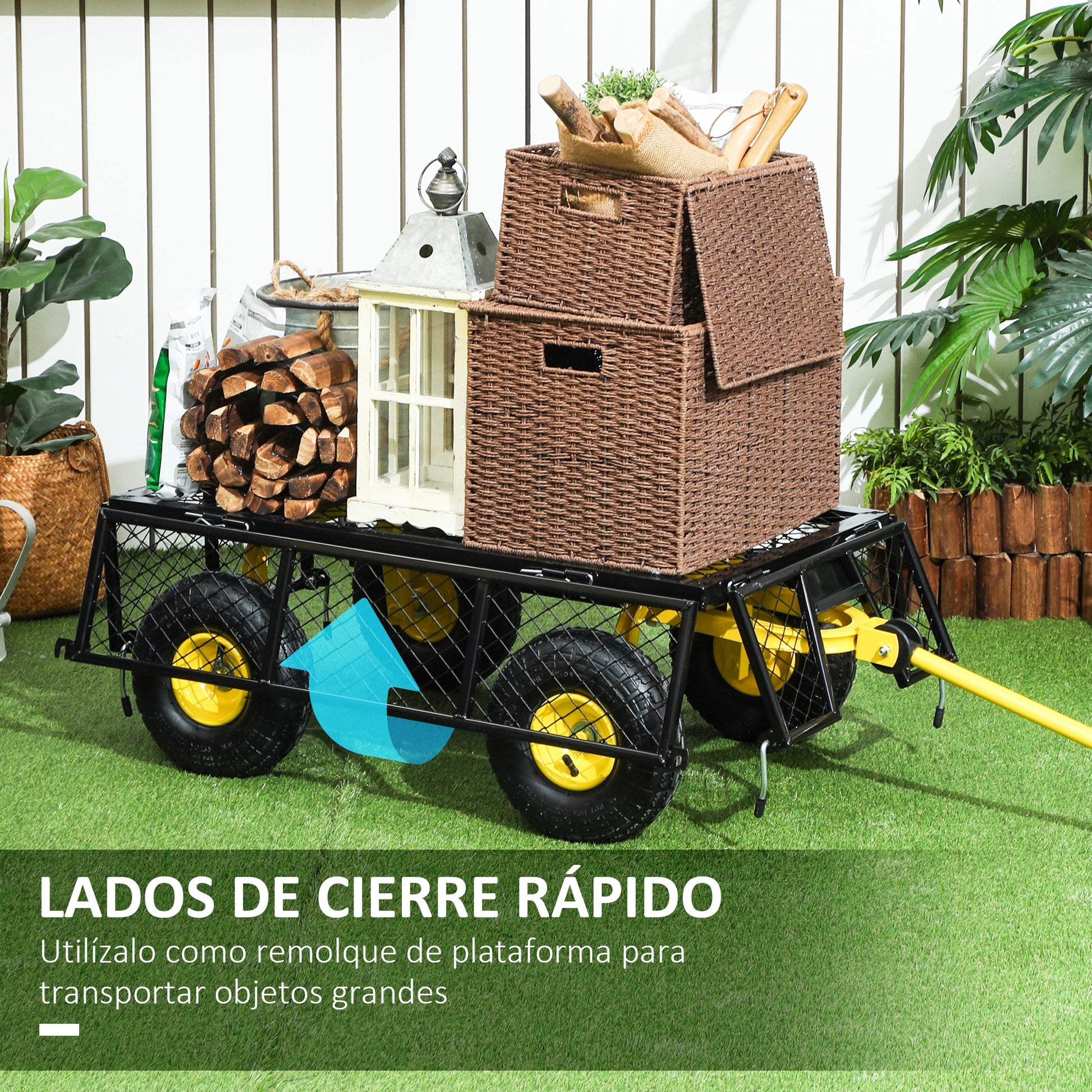 Tipping Garden Cart 200 kg Load Beach Cart with Removable Side Panels 180° Swivel Handle and 4 Large Rubber Pneumatic Wheels Black and Yellow