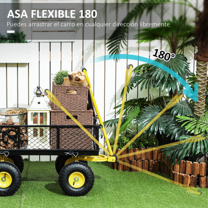 Tipping Garden Cart 200 kg Load Beach Cart with Removable Side Panels 180° Swivel Handle and 4 Large Rubber Pneumatic Wheels Black and Yellow