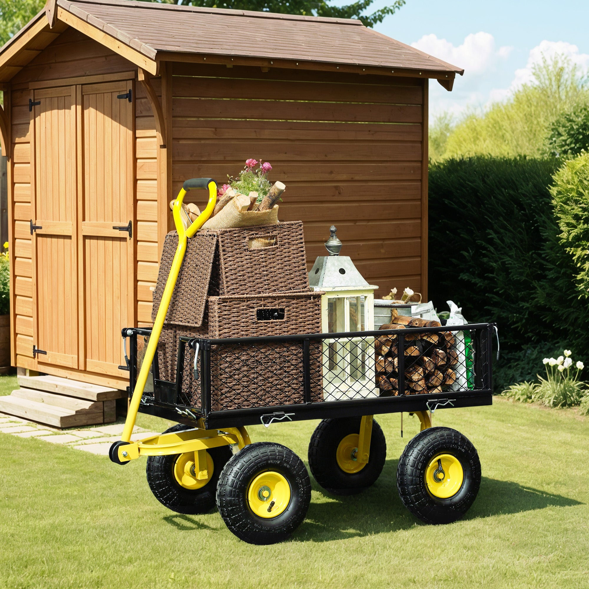 Tipping Garden Cart 200 kg Load Beach Cart with Removable Side Panels 180° Swivel Handle and 4 Large Rubber Pneumatic Wheels Black and Yellow