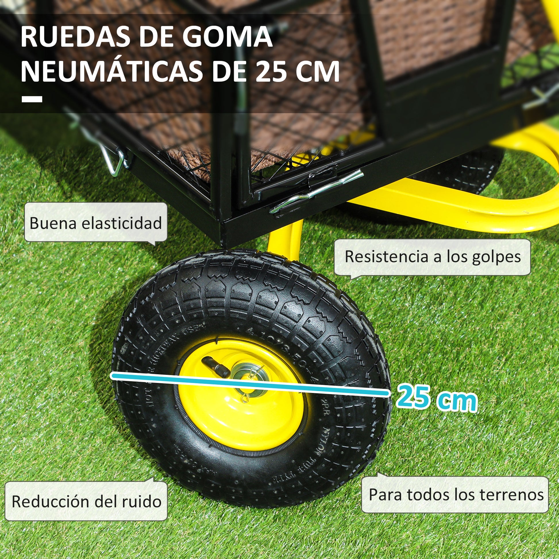 Tipping Garden Cart 200 kg Load Beach Cart with Removable Side Panels 180° Swivel Handle and 4 Large Rubber Pneumatic Wheels Black and Yellow