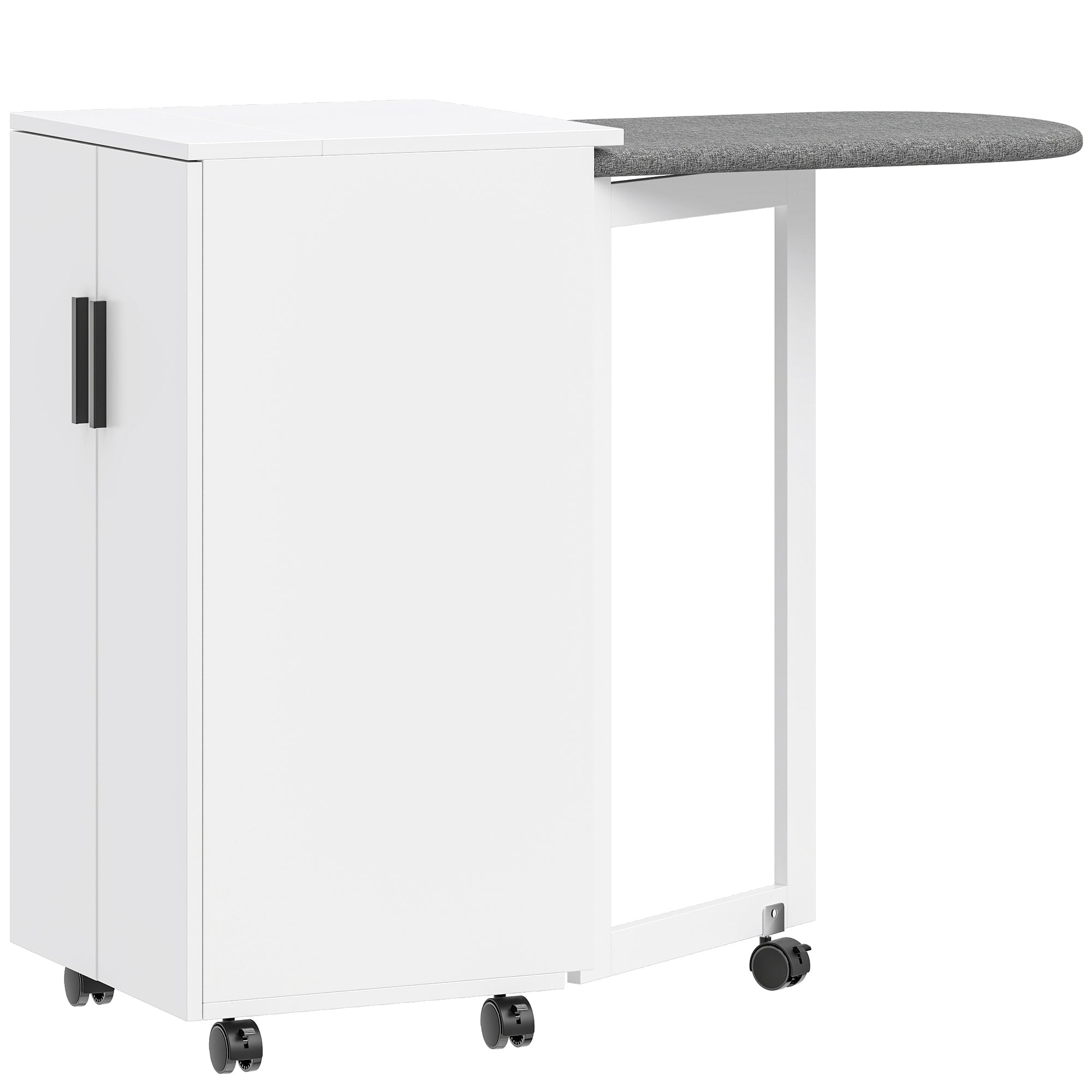 Foldable Ironing Board Cabinet with 2 Doors & Adjustable Shelves — Fold-Down Ironing Station with Storage, Soft-Close Hinges, Wheels, White (39.2 x 16.9 x 32.7 in)