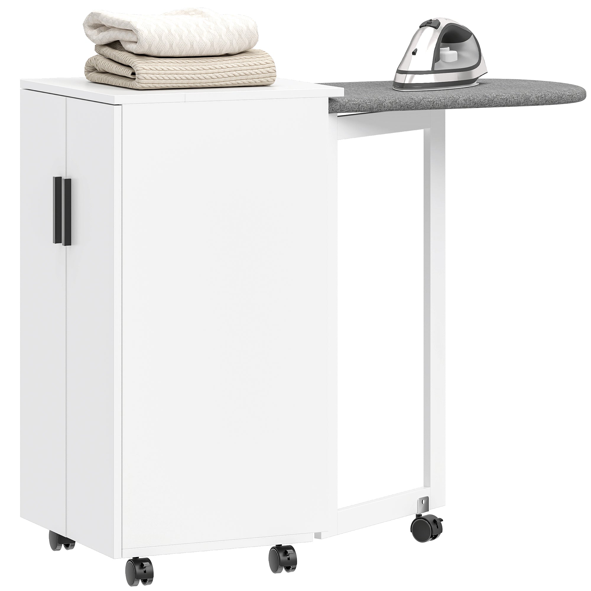 Foldable Ironing Board Cabinet with 2 Doors & Adjustable Shelves — Fold-Down Ironing Station with Storage, Soft-Close Hinges, Wheels, White (39.2 x 16.9 x 32.7 in)