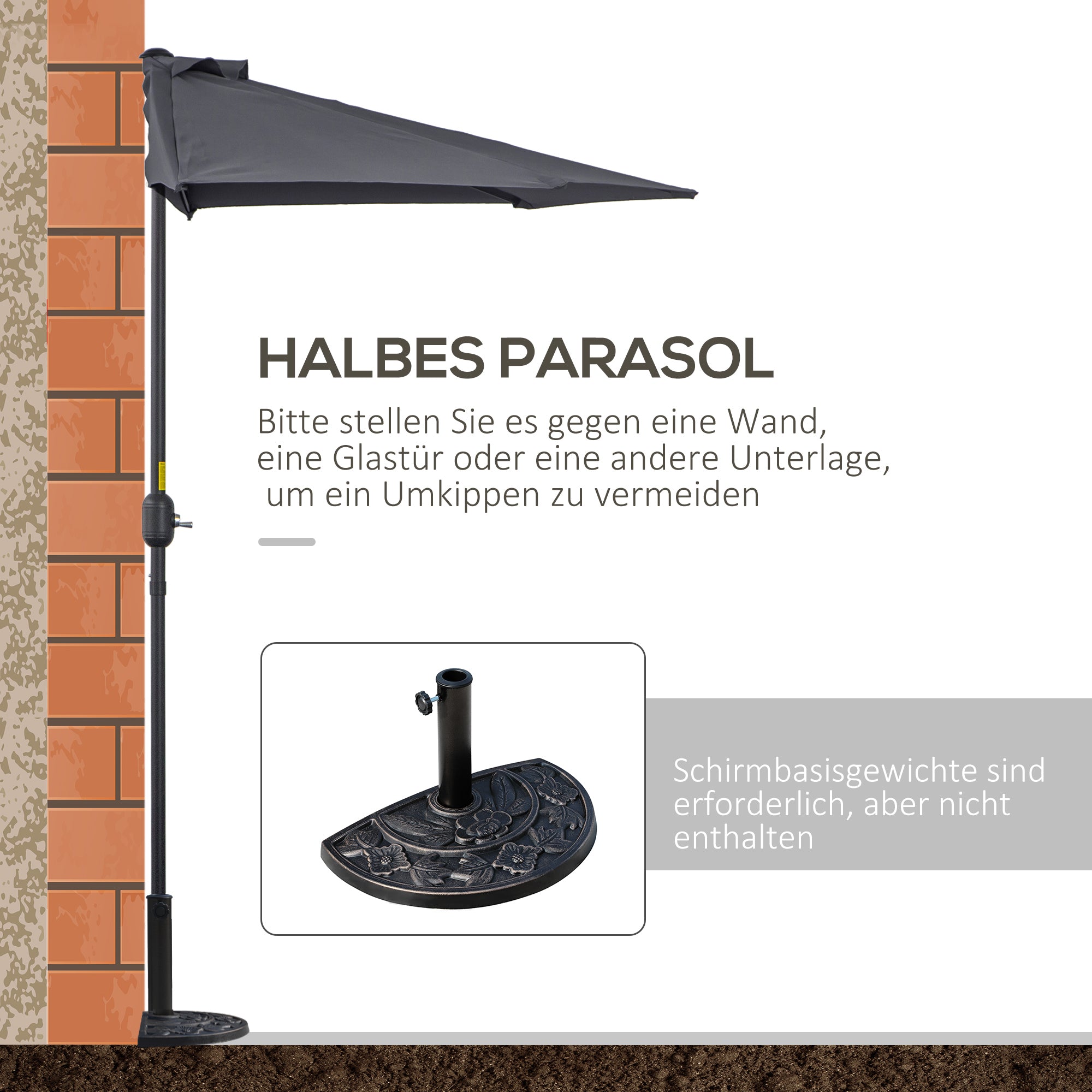 Crank Parasol Garden Umbrella Canopy Market Umbrella, Metal, half-round, Gray+Black