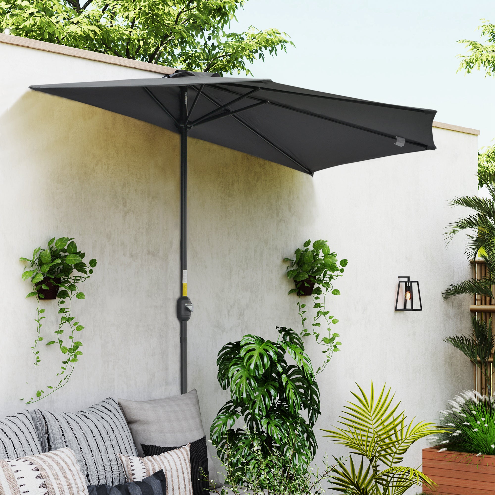 Crank Parasol Garden Umbrella Canopy Market Umbrella, Metal, half-round, Gray+Black