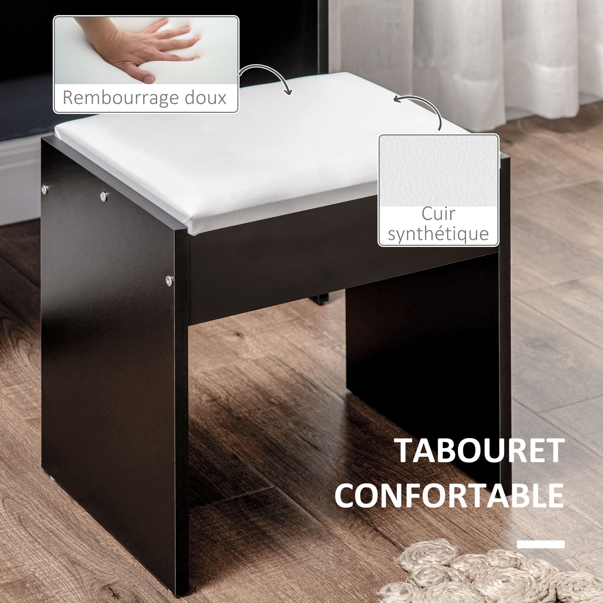 Vanity Set Makeup Table with Padded Stool Large Mirror + Multiple Open Shelves + 4 Drawers Black White