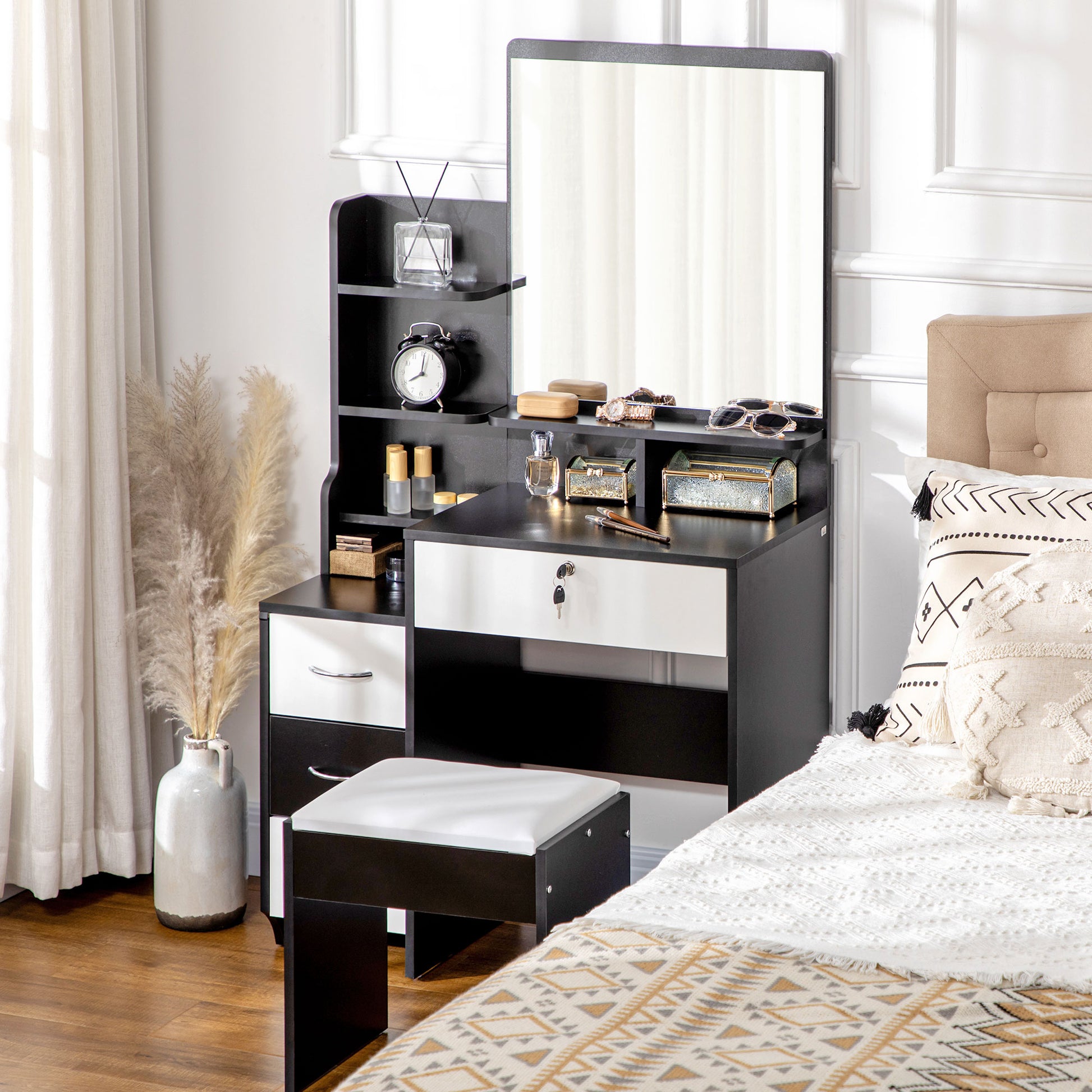 Vanity Set Makeup Table with Padded Stool Large Mirror + Multiple Open Shelves + 4 Drawers Black White