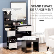 Vanity Set Makeup Table with Padded Stool Large Mirror + Multiple Open Shelves + 4 Drawers Black White