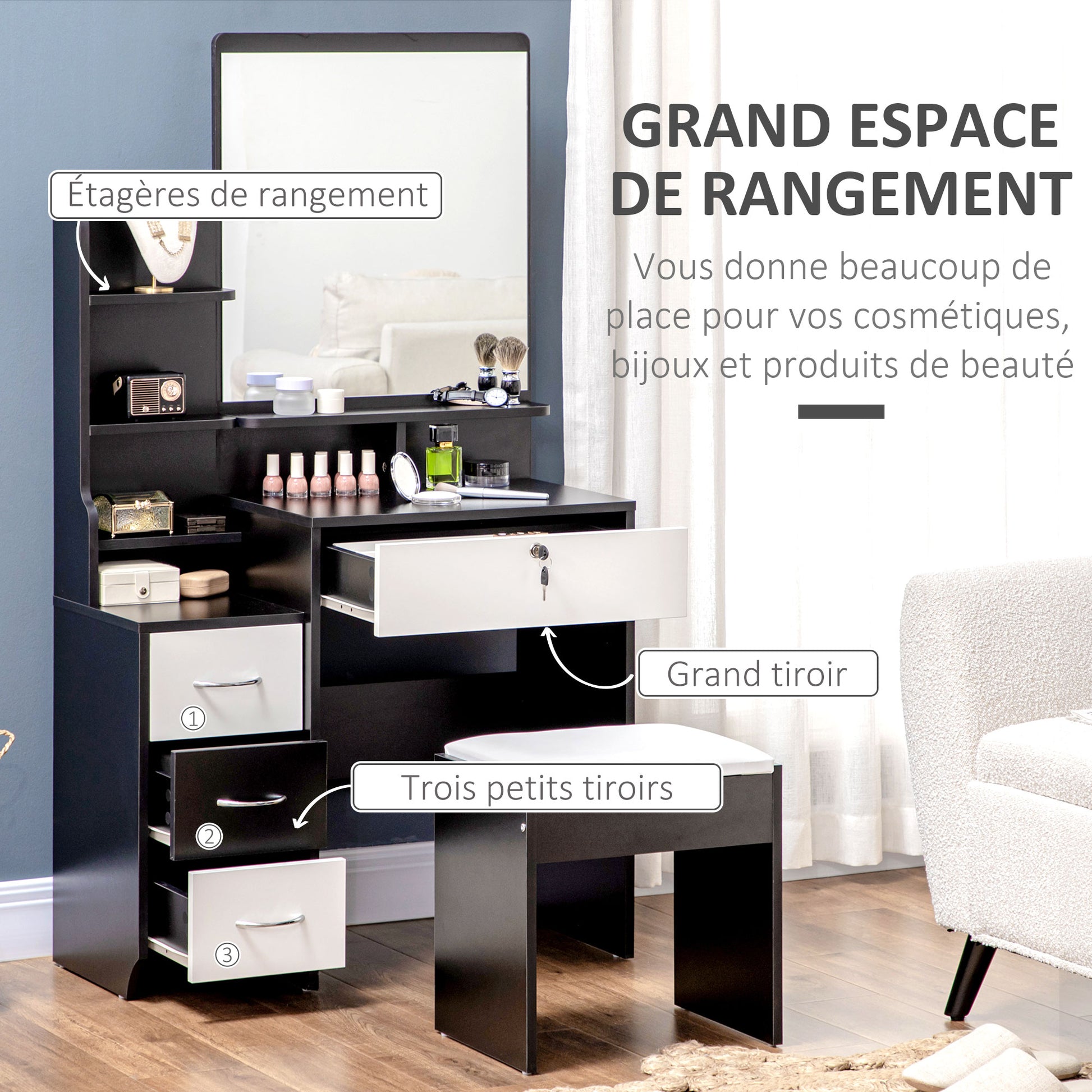 Vanity Set Makeup Table with Padded Stool Large Mirror + Multiple Open Shelves + 4 Drawers Black White