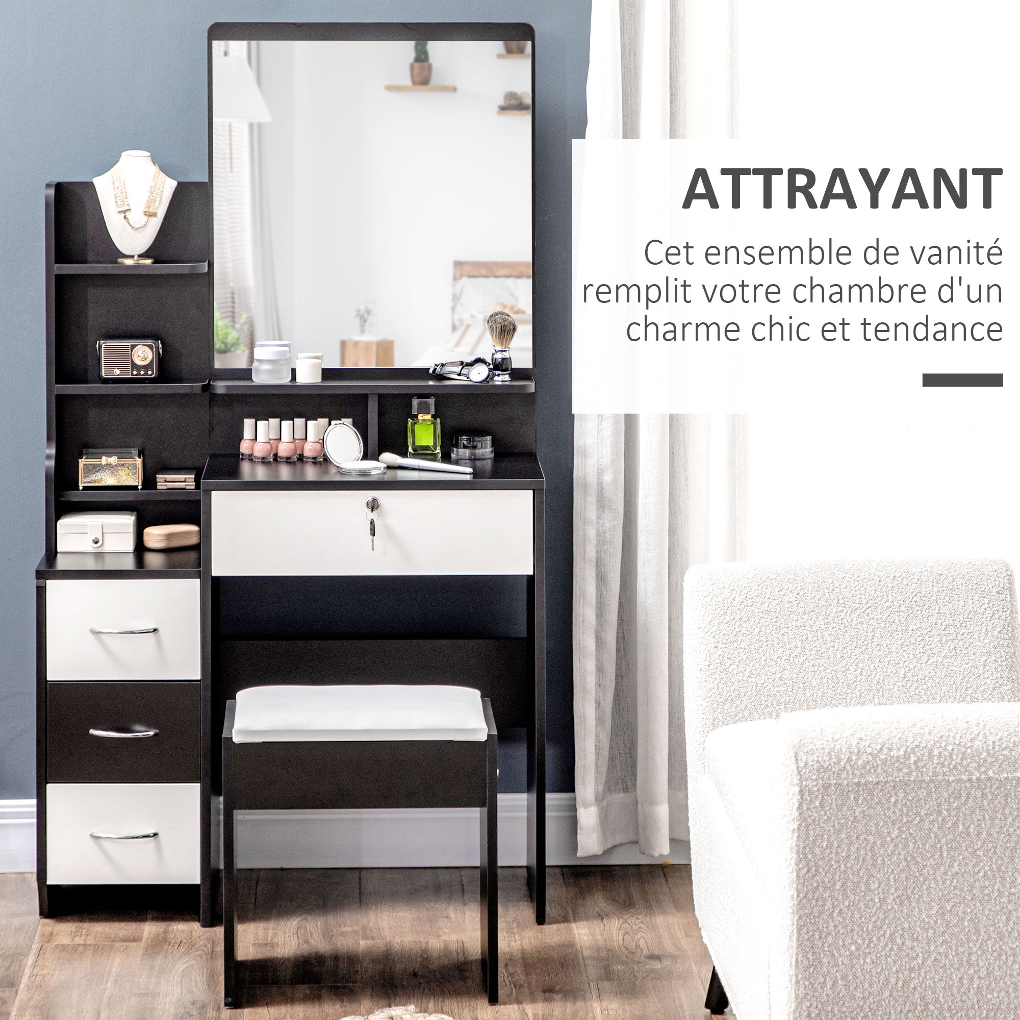 Vanity Set Makeup Table with Padded Stool Large Mirror + Multiple Open Shelves + 4 Drawers Black White