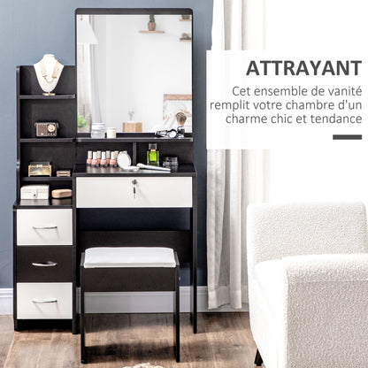 Vanity Set Makeup Table with Padded Stool Large Mirror + Multiple Open Shelves + 4 Drawers Black White