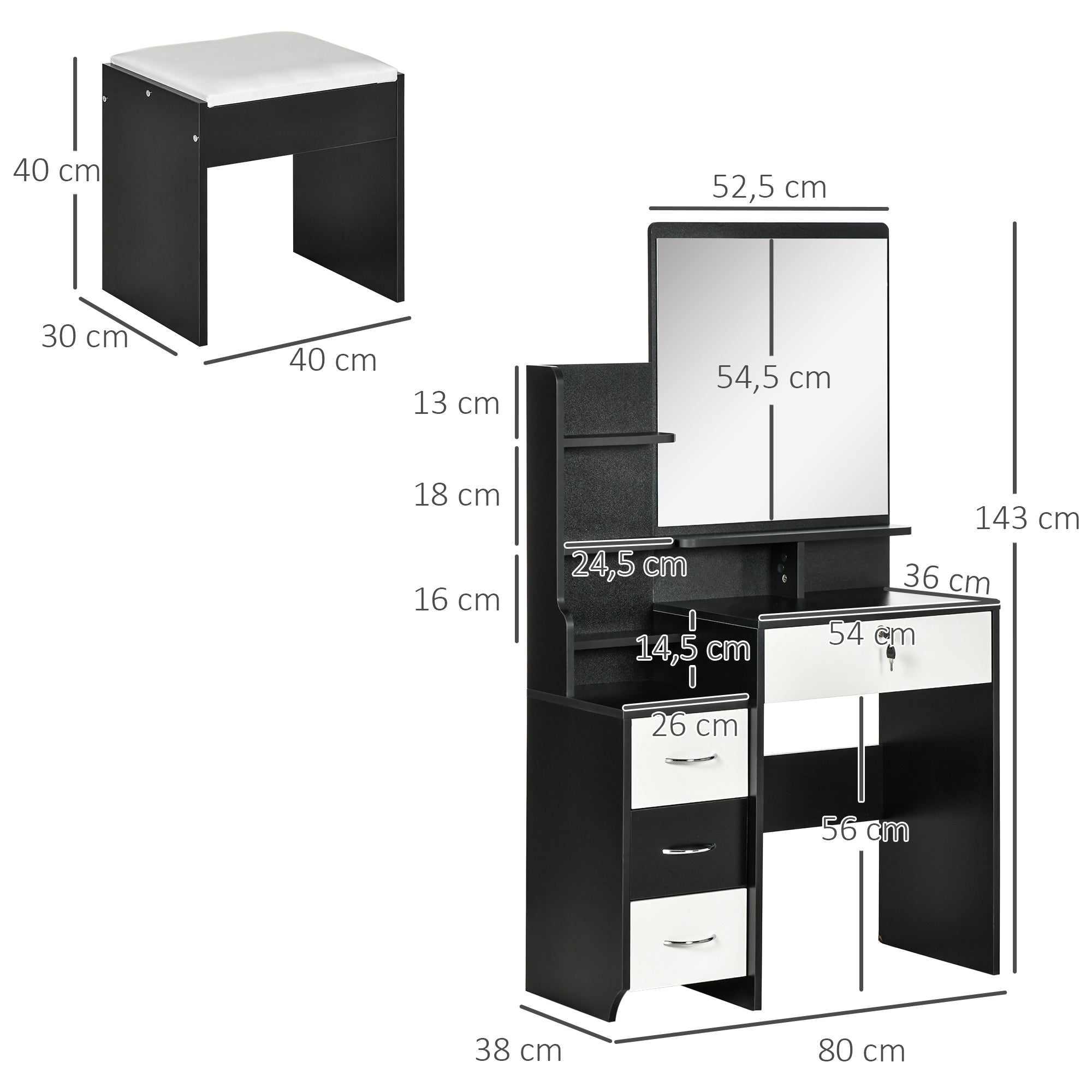 Vanity Set Makeup Table with Padded Stool Large Mirror + Multiple Open Shelves + 4 Drawers Black White