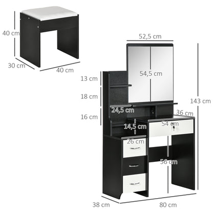 Vanity Set Makeup Table with Padded Stool Large Mirror + Multiple Open Shelves + 4 Drawers Black White