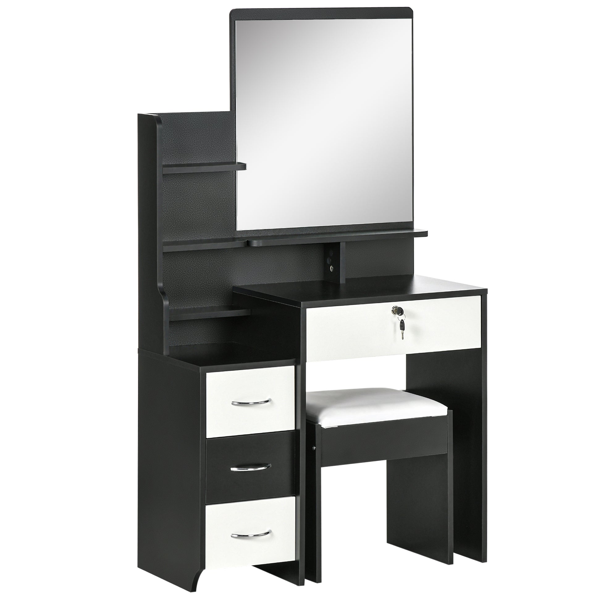 Vanity Set Makeup Table with Padded Stool Large Mirror + Multiple Open Shelves + 4 Drawers Black White