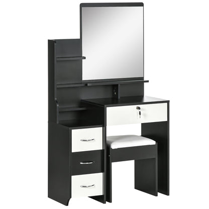 Vanity Set Makeup Table with Padded Stool Large Mirror + Multiple Open Shelves + 4 Drawers Black White