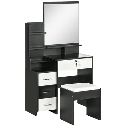 Vanity Set Makeup Table with Padded Stool Large Mirror + Multiple Open Shelves + 4 Drawers Black White