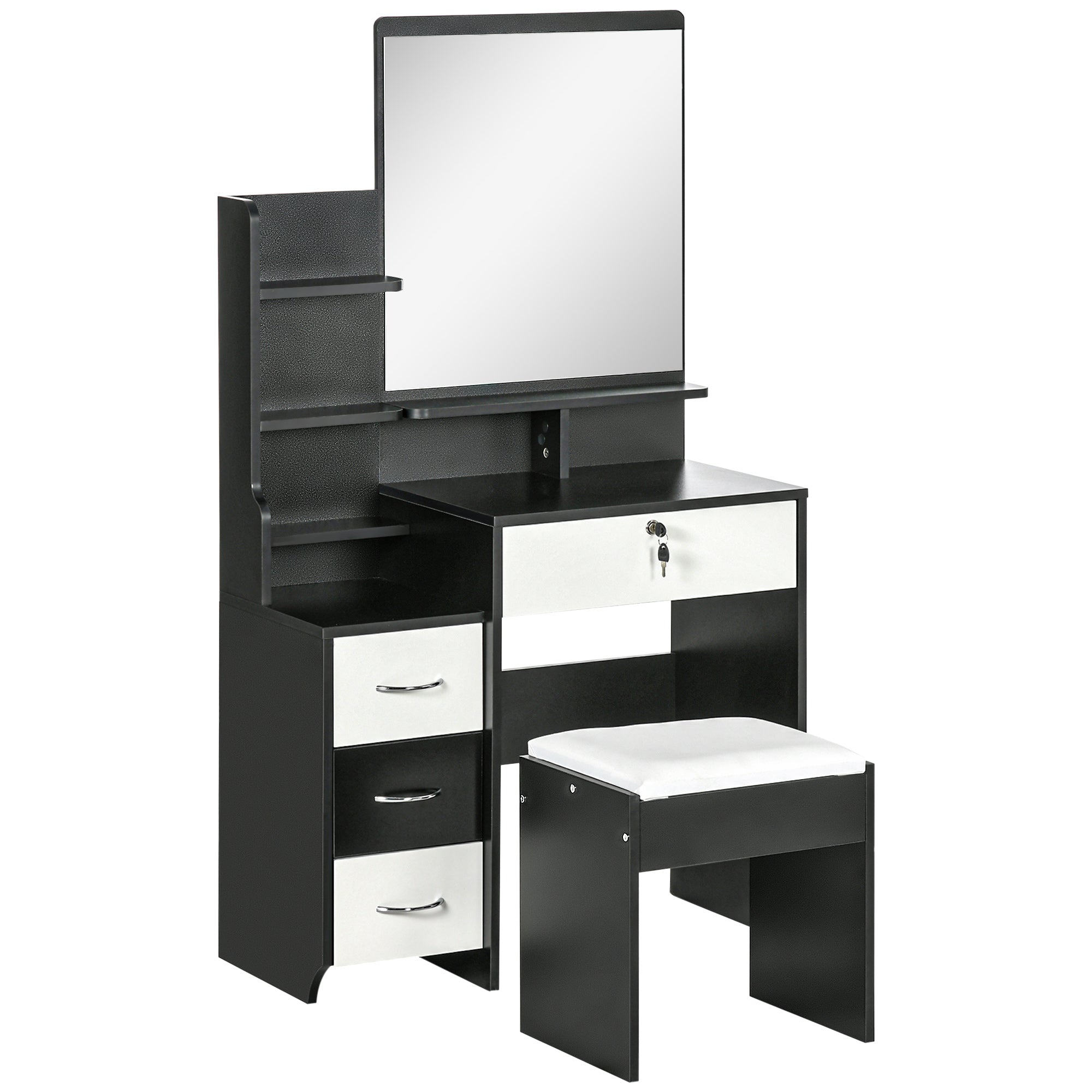 Vanity Set Makeup Table with Padded Stool Large Mirror + Multiple Open Shelves + 4 Drawers Black White