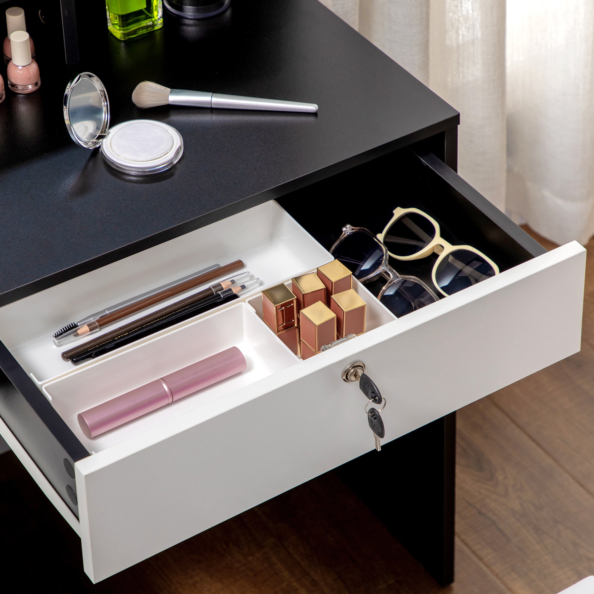 Vanity Set Makeup Table with Padded Stool Large Mirror + Multiple Open Shelves + 4 Drawers Black White