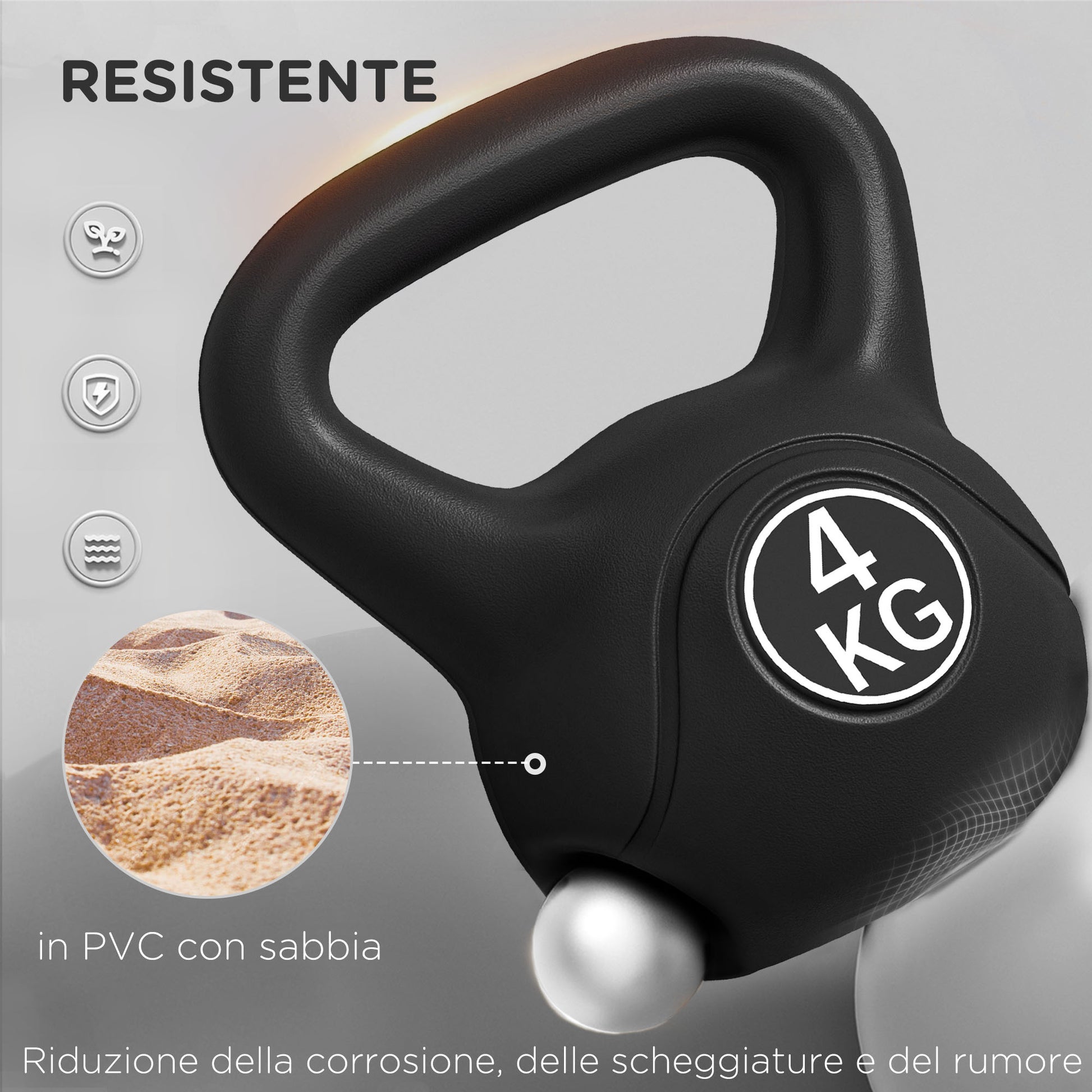 4kg Kettlebell for Sport and Fitness with Flat Base and Handle, Plastic and Sand Kettlebell Weights, 18x12x20 cm, Black