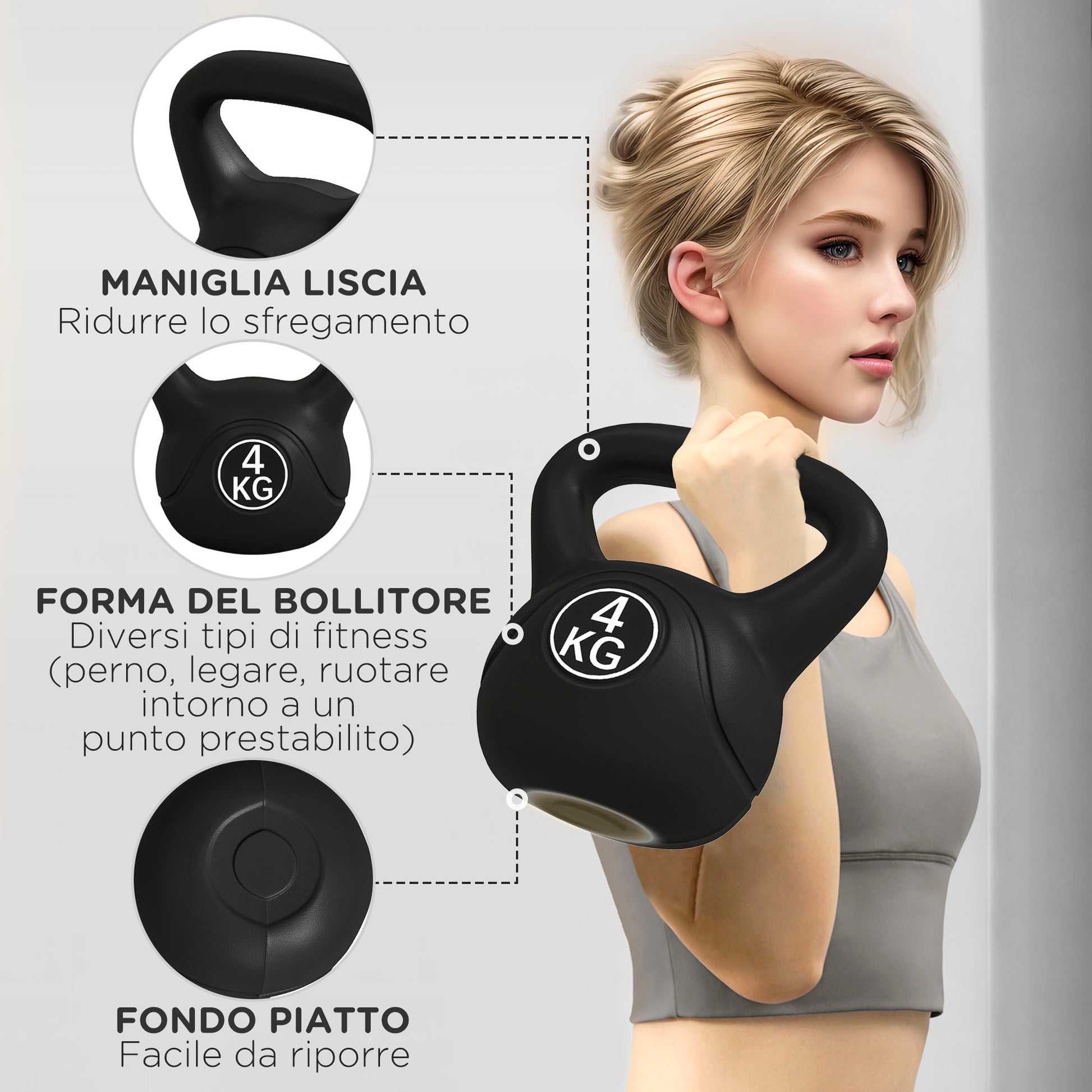 4kg Kettlebell for Sport and Fitness with Flat Base and Handle, Plastic and Sand Kettlebell Weights, 18x12x20 cm, Black