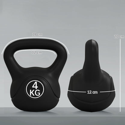4kg Kettlebell for Sport and Fitness with Flat Base and Handle, Plastic and Sand Kettlebell Weights, 18x12x20 cm, Black